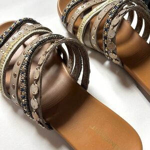 Limelight Fawn Leather Look Slide Sandals Chic Mixed Metal Embellished Straps 8